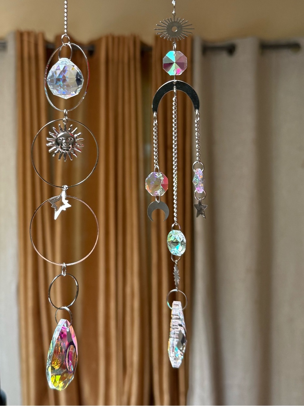 Pair of Aurora Crystal  Sun & Moon Hanging Sun Catcher - Silver Tone Metal